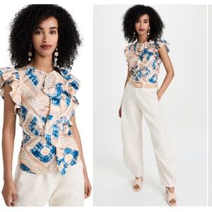 NWT Ulla Johnson Vida Blue and Cream Ruffle Blouse $425